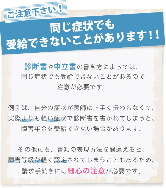 ご注意下さい！同じ症状でも受給できないことがあります！！診断書や申立書の書き方によっては、同じ症状でも受給できないことがあるので注意が必要です！例えば、自分の症状が医師に上手く伝わらなくて、実際よりも軽い症状で診断書を書かれてしまうと、障害年金を受給できない場合があります。その他にも、書類の表現方法を間違えると、障害等級が軽く認定されてしまうこともあるため、請求手続きには細心の注意が必要です。