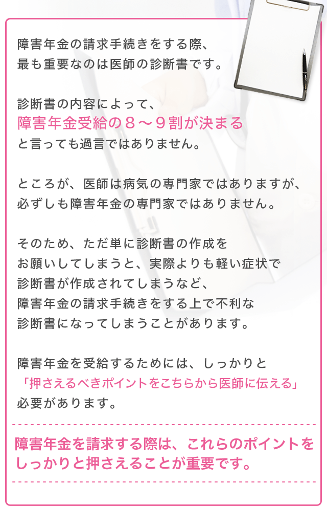 障害年金の請求手続きをする際、最も重要なのは医師の診断書です。診断書の内容によって、障害年金受給の8～9割が決まると言っても過言ではありません。ところが、医師は病気の専門家ではありますが、必ずしも障害年金の専門家ではありません。そのため、ただ単に診断書の作成をお願いしてしまうと、実際よりも軽い症状で診断書が作成されてしまうなど、障害年金の請求手続きをする上で不利な診断書になってしまうことがあります。障害年金を受給するためには、しっかりと「押さえるべきポイントをこちらから医師に伝える」必要があります。障害年金を請求する際は、これらのポイントをしっかりと押さえることが重要です。