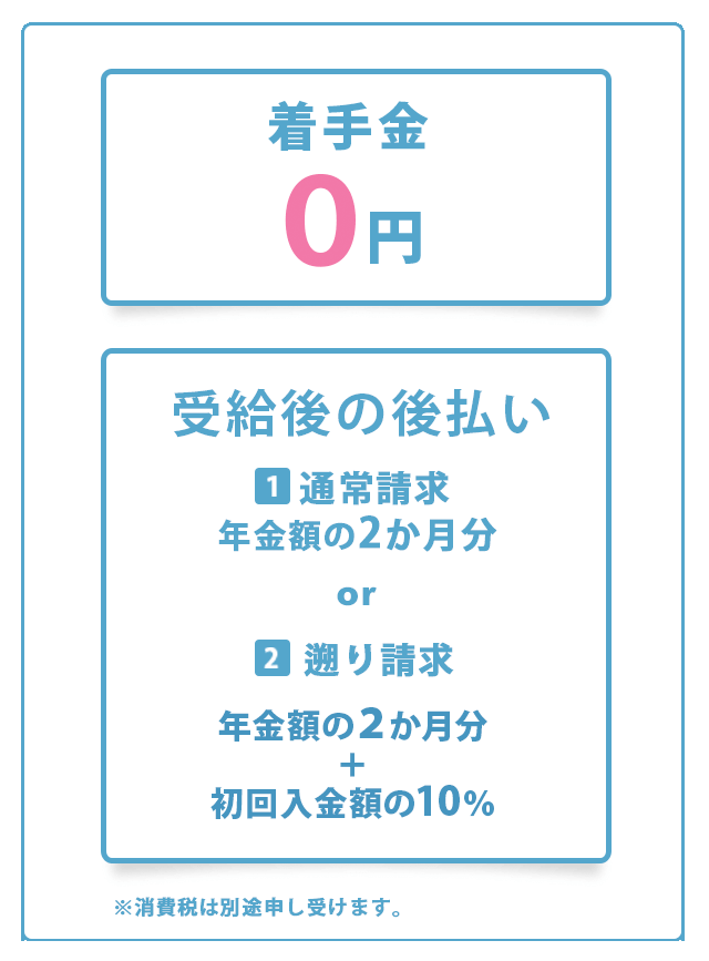 着手金0円／受給後の後払い【1：通常請求／年金額の2か月分】or【2:遡り請求／年金額の2か月分+初回入金額の10%】※消費税は別途申し受けます。