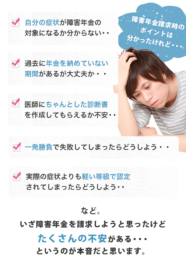 自分の症状が障害年金の対象になるか分からない……／過去に年金を納めていない期間があるが大丈夫か……／医師にちゃんとした診断書を作成してもらえるか不安……／一発勝負で失敗してしまったらどうしよう……／実際の症状よりも軽い等級で認定されてしまったらどうしよう……など。いざ障害年金を請求しようと思ったけどたくさんの不安がある……というのが本音だと思います。